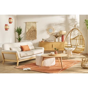 Canapé 2 places en tissu effet velours texturé terracotta et bois clair yoko