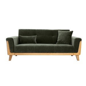 Canapé 3 places en tissu effet velours vert kaki et bois clair fjord