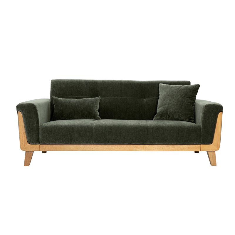 Canapé 3 places en tissu effet velours vert kaki et bois clair fjord