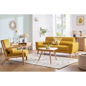 Canapé 3 places en tissu effet velours texturé terracotta et bois clair ektor