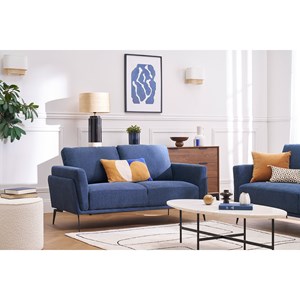 Canapé 2 places en tissu effet velours texturé bleu foncé et métal noir mosco