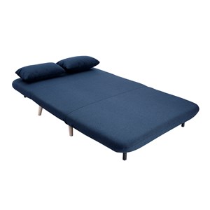 Chauffeuse 2 places convertible en tissu bleu foncé et bois clair amiko