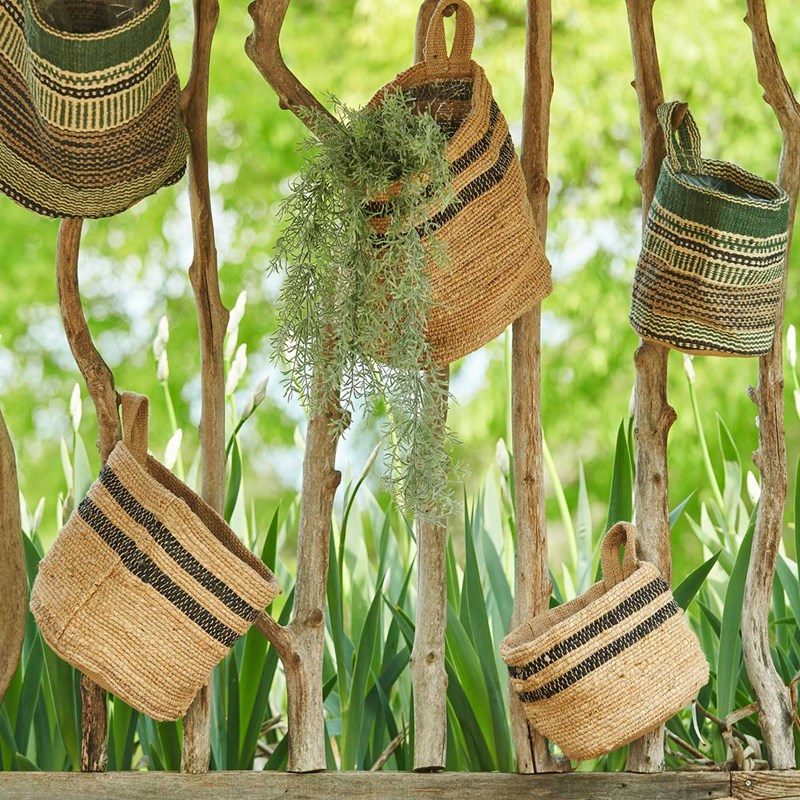 Panier ou cache pot en jute et coton à suspendre naturel et noir 3 tailles