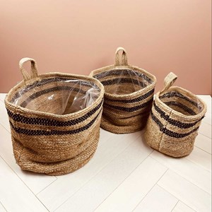 Panier ou cache pot en jute et coton à suspendre naturel et noir 3 tailles