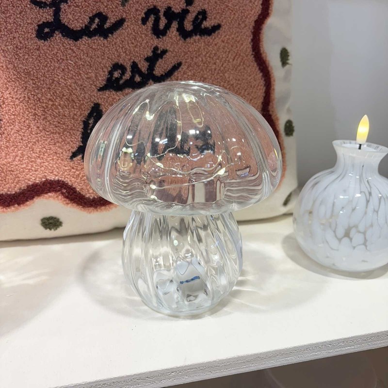Lampe décorative champi verre strié transparent led à piles