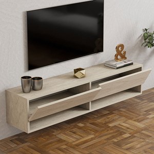 Sarty meuble tv suspendu avec placards et étagères aspect travertin 140cm