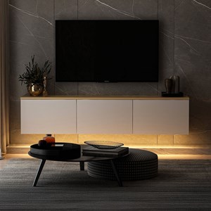 Lumi meuble tv led suspendu avec placards blanc et plateau bois 160cm