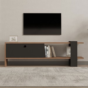 Ova meuble tv asymétrique gris anthracite avec placard aspect bois 120cm