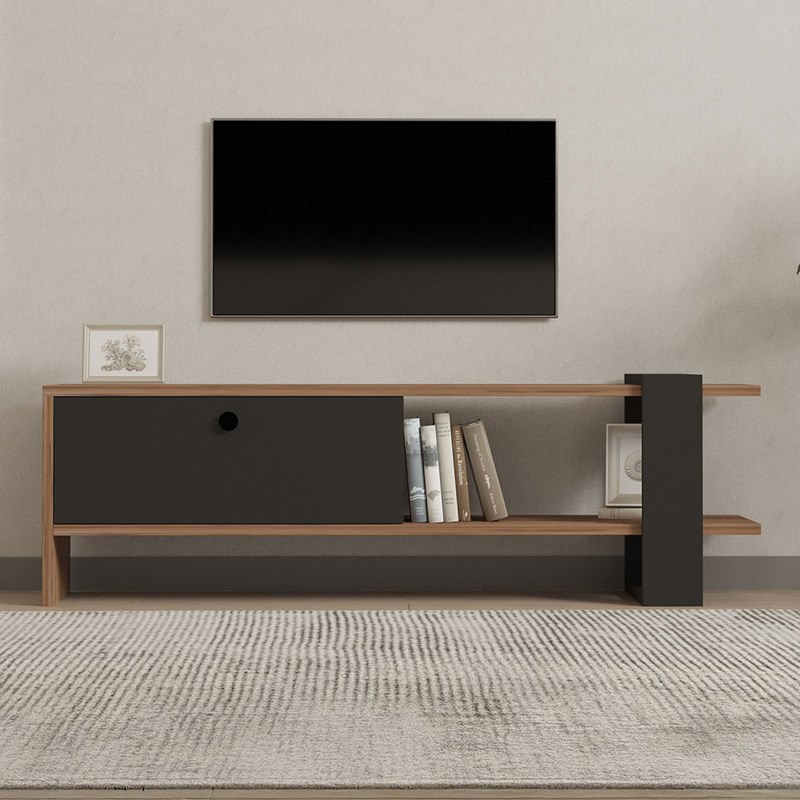 Ova meuble tv asymétrique gris anthracite avec placard aspect bois 120cm