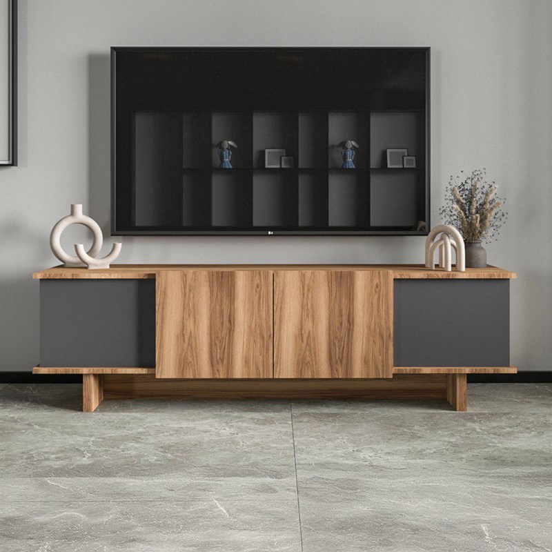 Broni meuble tv design avec placards aspect bois et gris anthracite 180cm