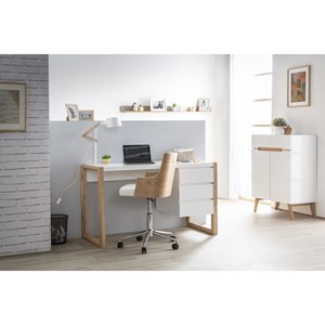 Bureau avec rangements 3 tiroirs blanc mat et bois clair l130 cm armel
