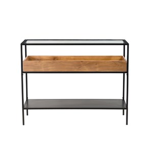 Console avec plateau en verre, rangement en bois massif l100 cm haora