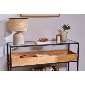 Console avec plateau en verre, rangement en bois massif l100 cm haora