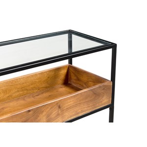 Console avec plateau en verre, rangement en bois massif l100 cm haora
