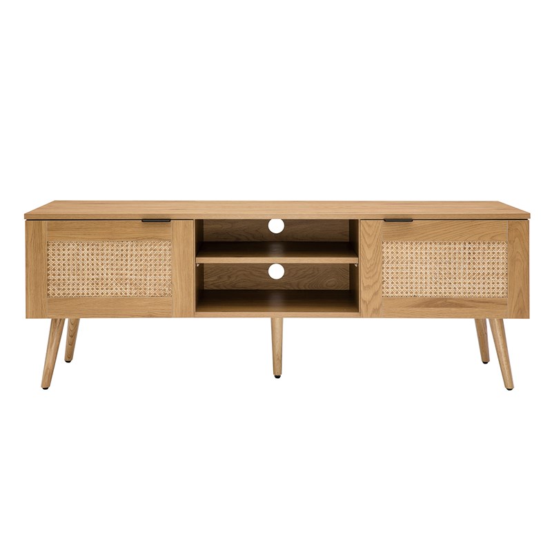 Meuble tv finition bois clair et cannage rotin 2 portes l140 cm manille