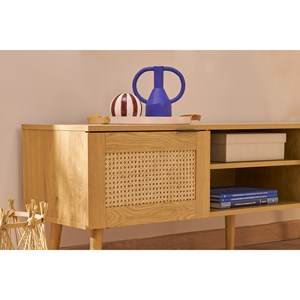 Meuble tv finition bois clair et cannage rotin 2 portes l140 cm manille