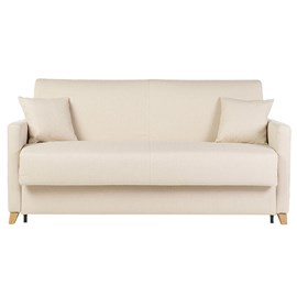 Canapé convertible 3 places en tissu beige et bois clair skandy