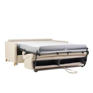 Canapé convertible 3 places en tissu beige et bois clair skandy