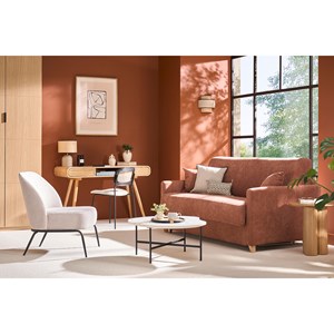 Canapé convertible 3 places en tissu bleu canard et bois clair skandy