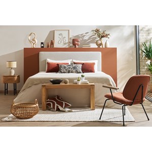 Fauteuil en tissu effet laine bouclée terre brûlée, métal et bois foncé barnet