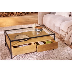Table basse rectangulaire avec rangements en bois, verre et métal l100 cm sita