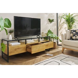 Meuble tv rectangulaire avec rangements en bois, verre et métal l150 cm diya