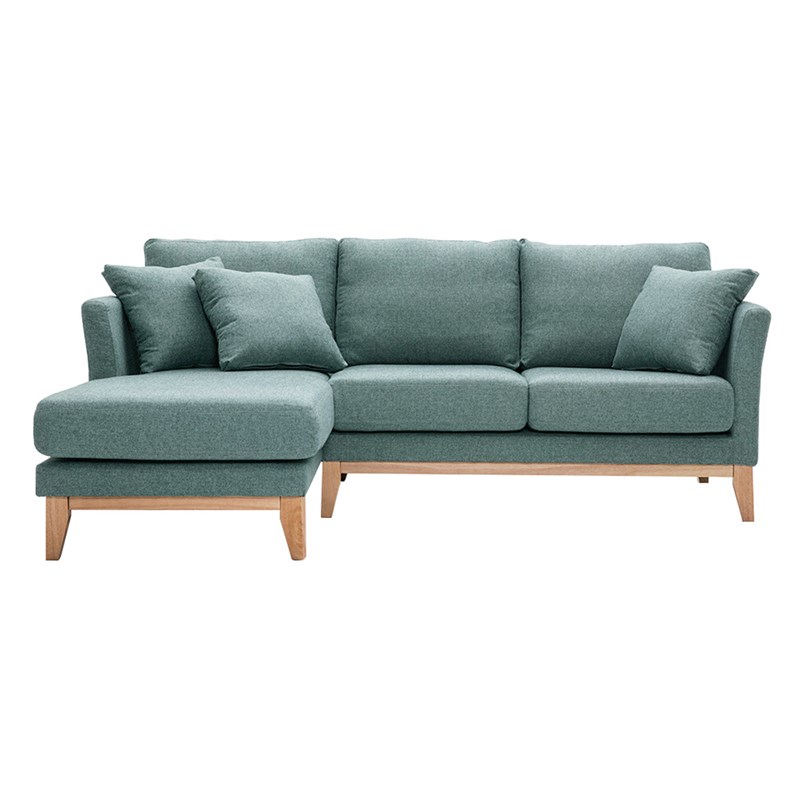 Canapé d'angle gauche déhoussable en tissu vert de gris et bois 3-4 places oslo