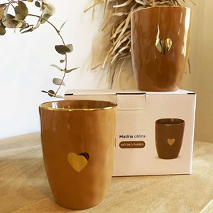 Coffret 2 tasses en faïence ocre et
