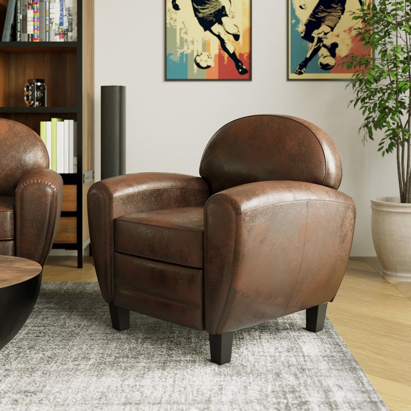 Rendez-vous Déco - Fauteuil marron vieilli en microfibre - club