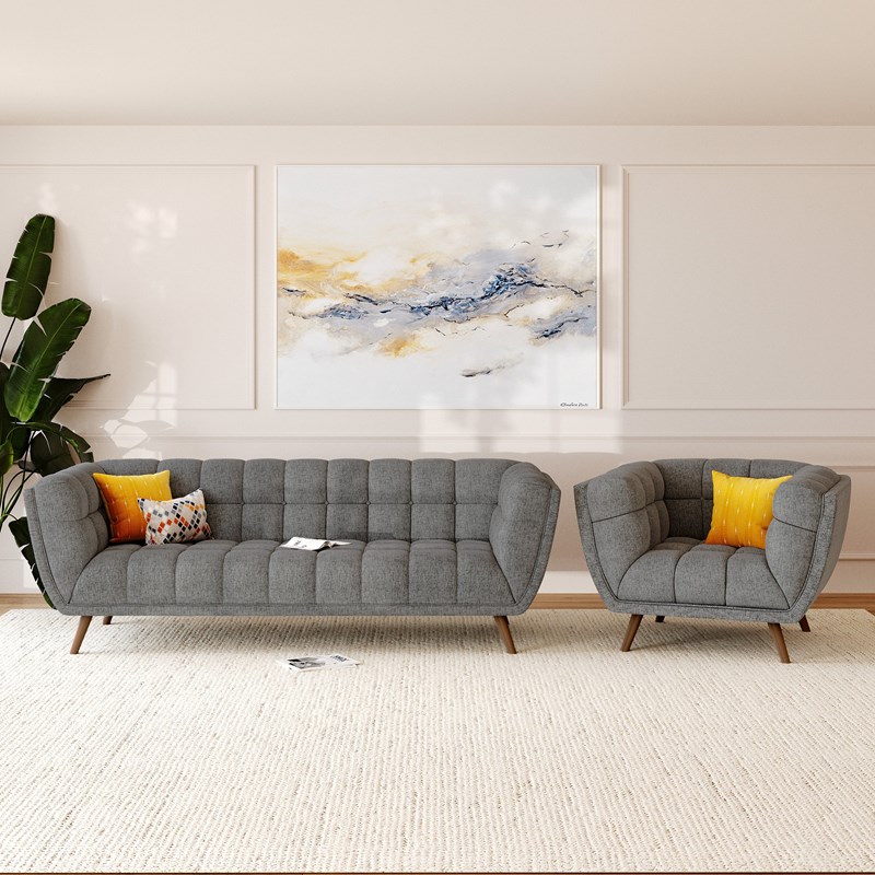 Canapé 3 places capitonné en tissu gris - carmen