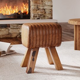 Tabouret en cuir marron et bois de manguier - morena