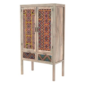 Armoire 2 portes 2 tiroirs en manguier et cannage coloré - massaï