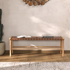 Banc 120 cm en cuir tressé marron et bois de teck - kuna