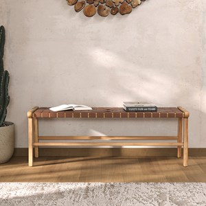 Banc 120 cm en cuir tressé marron et bois de teck - kuna