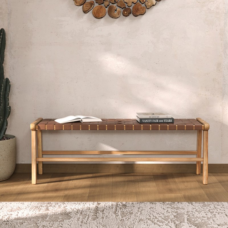 Banc 120 cm en cuir tressé marron et bois de teck - kuna