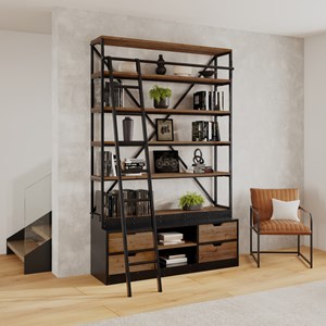 Bibliothèque 160 cm en bois et métal avec échelle, 4 tiroirs - kasi