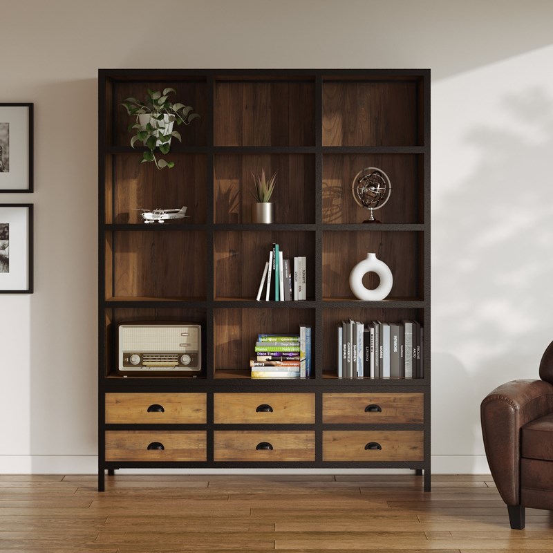 Bibliothèque 6 tiroirs 12 niches en métal et bois de cèdre - shelby