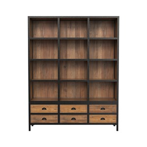 Bibliothèque 6 tiroirs 12 niches en métal et bois de cèdre - shelby