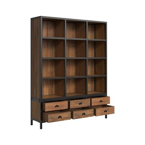 Bibliothèque 6 tiroirs 12 niches en métal et bois de cèdre - shelby