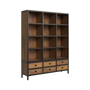 Bibliothèque 6 tiroirs 12 niches en métal et bois de cèdre - shelby