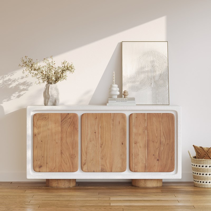 Buffet en béton blanc cassé et bois d'acacia - eden