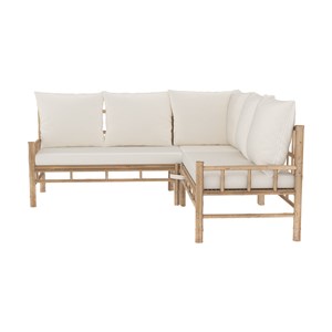 Canapé d'angle de jardin 4&nbsp;5 places en bambou et coussins blancs - vadella