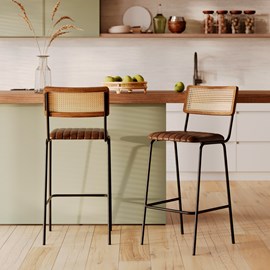 Lot de 2 chaises de bar 76 cm en cannage et cuir marron - arsène