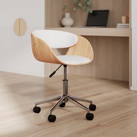 Chaise de bureau pivotante sur roulettes en bois et pu blanc - adelmar