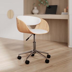 Chaise de bureau pivotante sur roulettes en bois et pu blanc - adelmar