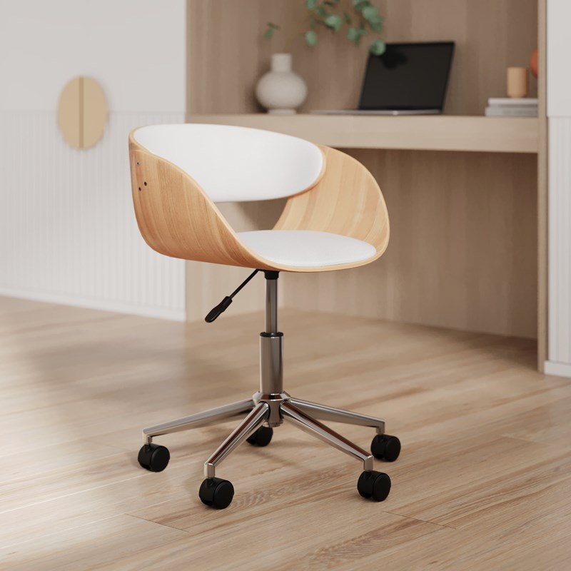 Chaise de bureau pivotante sur roulettes en bois et pu blanc - adelmar