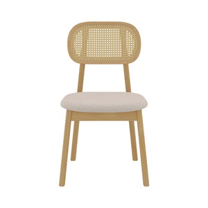 Lot de 2 chaises en bois clair, tissu beige et rotin synthétique - maria