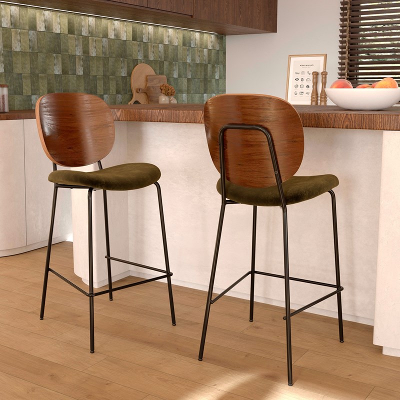 Lot de 2 chaises pour îlot central 65,5 cm en velours vert kaki - simone