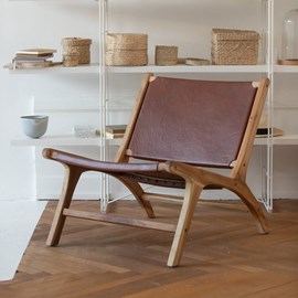 Fauteuil  en teck et cuir lisse marron - kuna