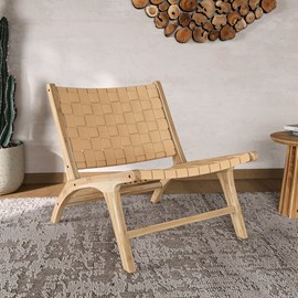 Fauteuil en teck et cuir tressé beige - kuna